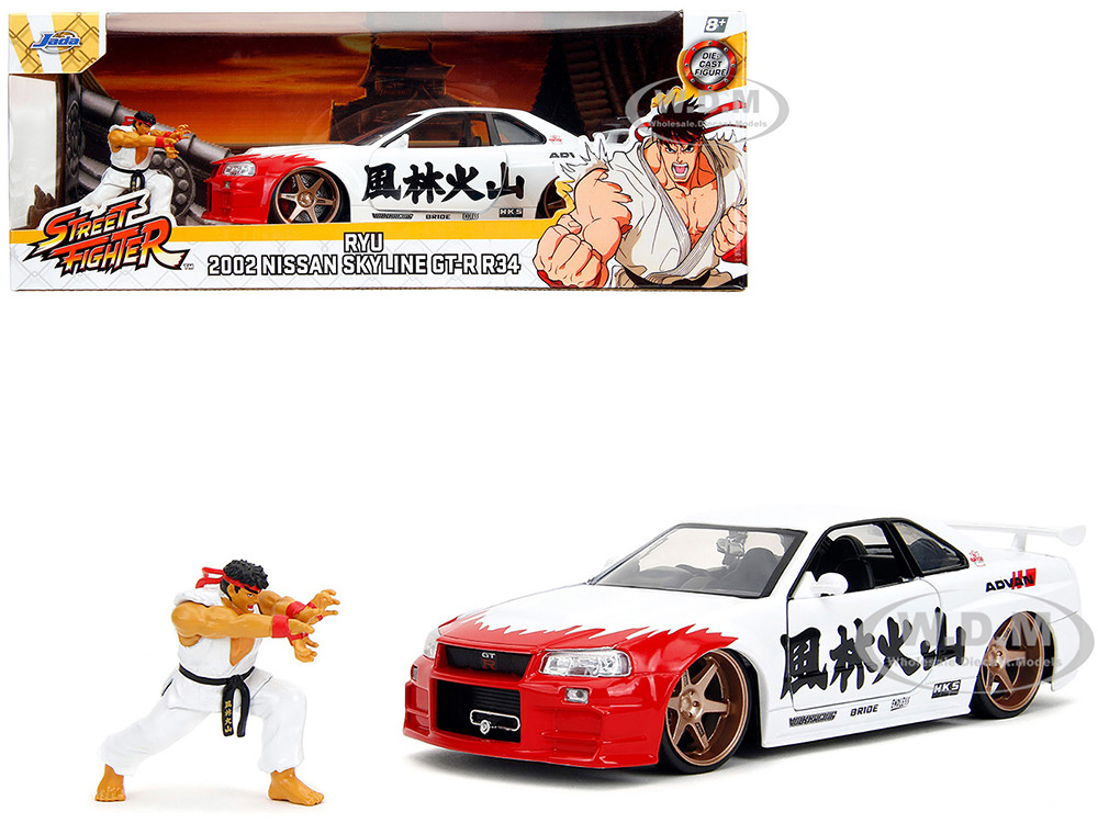 2002 Nissan Skyline GT-R (R34) RHD (Right Hand Drive) White with Red Graphics and Ryu Diecast Figure "Street Fighter" Video Game "Anime Hollywood Rides" Series 1/24 Diecast Model Car by Jada diecast model