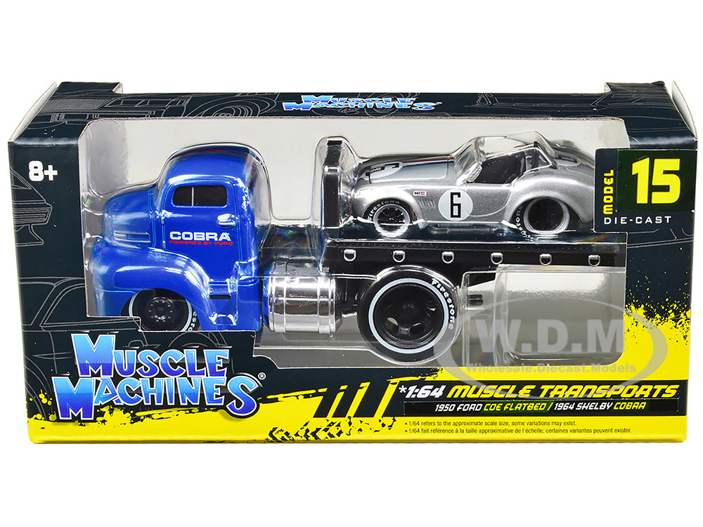 1950 Ford COE Flatbed Truck Blue "Cobra Powered by Ford" and 1964 Shelby Cobra #6 Silver Metallic with Stripes "Muscle Transports" Series 1/64 Diecast Model Cars by Muscle Machines diecast model