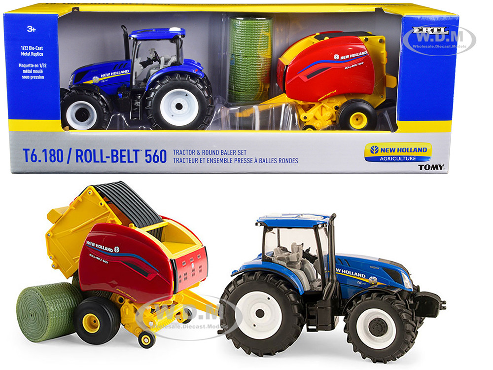 New Holland T6.180 Tractor Blue with New Holland Roll-Belt 560 Baler Red and 3 Bales Set of 3 pieces 1/32 Diecast Models by ERTL TOMY diecast model