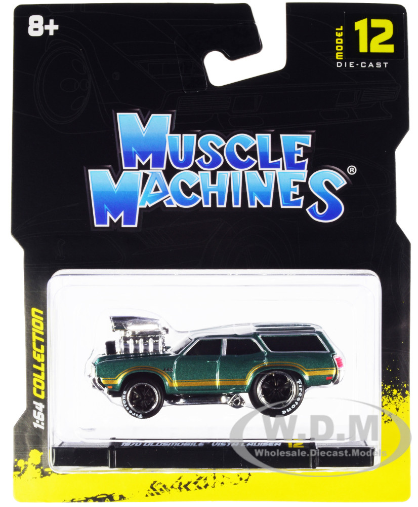 1970 Oldsmobile Vista Cruiser 442 Green Metallic with Gold Stripes 1/64 Diecast Model Car by Muscle Machines diecast model