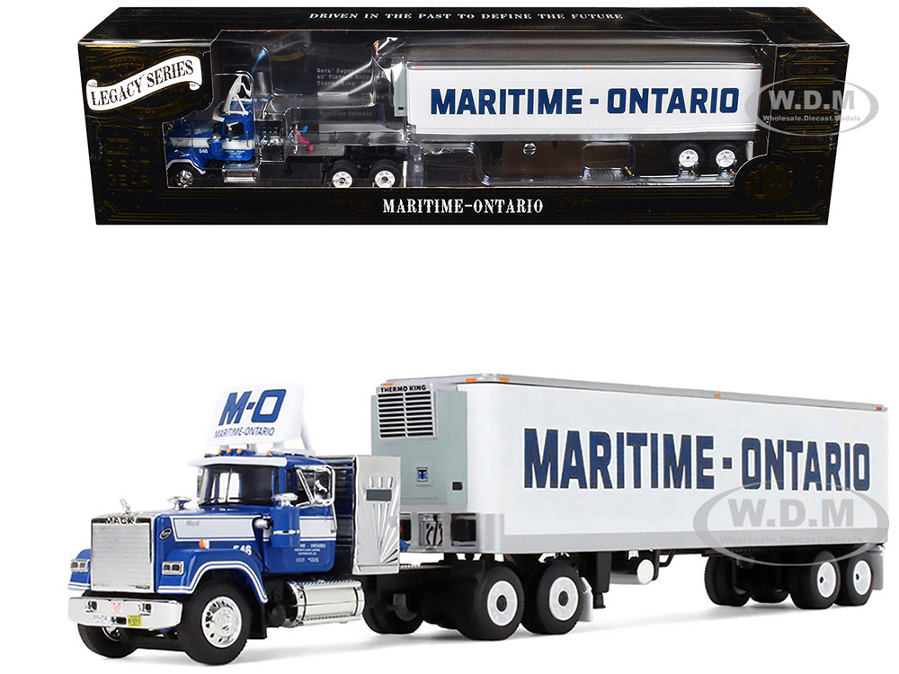 Mack Super-Liner with 36" Vintage Sleeper and 40' Vintage Trailer with Reefer "Maritime-Ontario" Blue with White Stripes "Legacy" Series #4 1/64 Diecast Model by DCP/First Gear diecast model