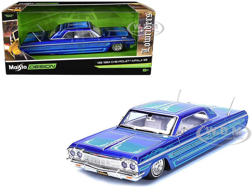 1964 Chevrolet Impala SS Lowrider Candy Blue with Graphics and White Interior "Lowriders" "Maisto Design" Series 1/26 Diecast Model Car by Maisto diecast model