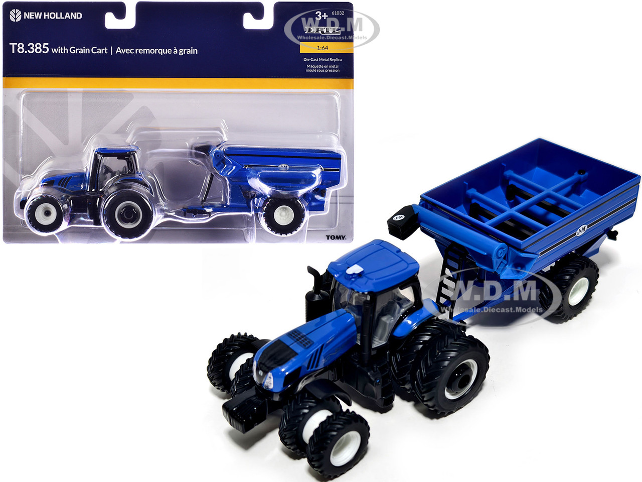 New Holland T8.385 Tractor with J&M Grain Cart Blue 1/64 Diecast Model by ERTL TOMY diecast model