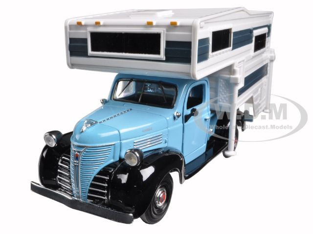 1941 Plymouth Pickup Truck with Camper Shell Light Blue and White 1/24 Diecast Model Car by Motormax diecast model