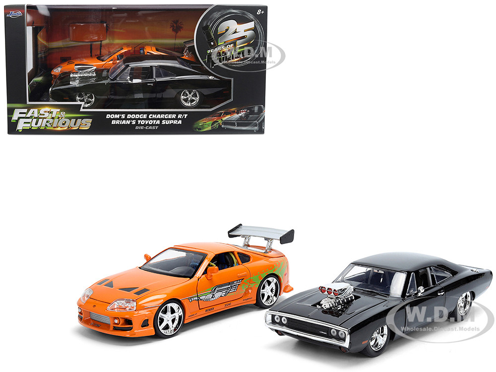 Dom's 1970 Dodge Charger R/T Black and Brian's Toyota Supra Orange with Graphics Set of 2 Cars "Fast & Furious 25th Anniversary" "Fast & Furious" Series 1/24 Diecast Model Cars by Jada diecast model