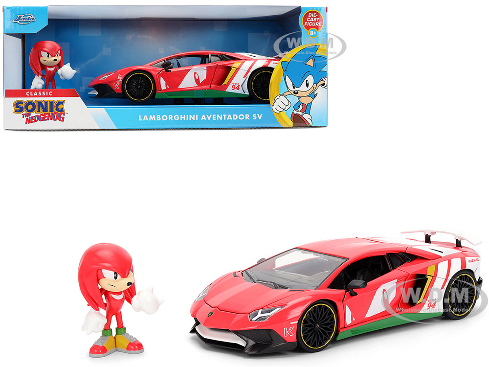 Lamborghini Aventador SV Red with Graphics and Knuckles Diecast Figure "Sonic The Hedgehog" Franchise "Hollywood Rides" Series 1/24 Diecast Model by Jada diecast model