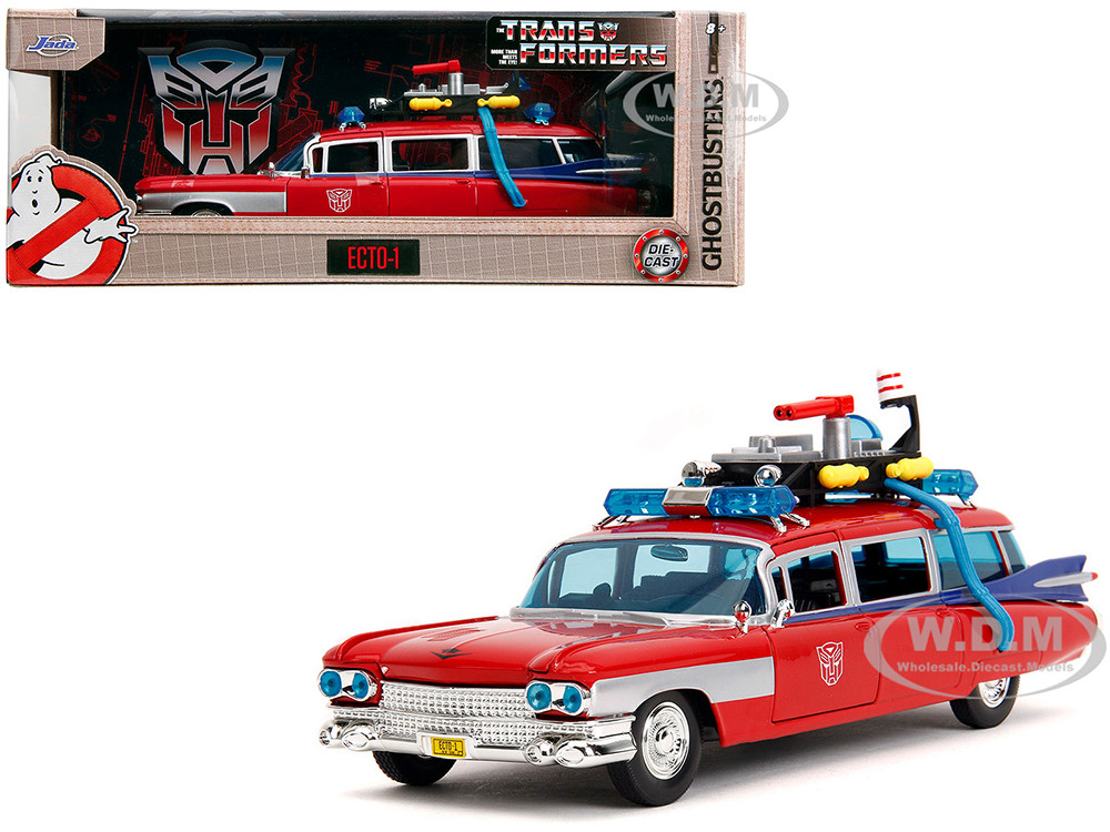 1959 Cadillac Ambulance Ecto-1 Red "Transformers" TV Series - "Ghostbusters" (1984) Movie Crossover "Hollywood Rides" Series 1/24 Diecast Model Car by Jada diecast model
