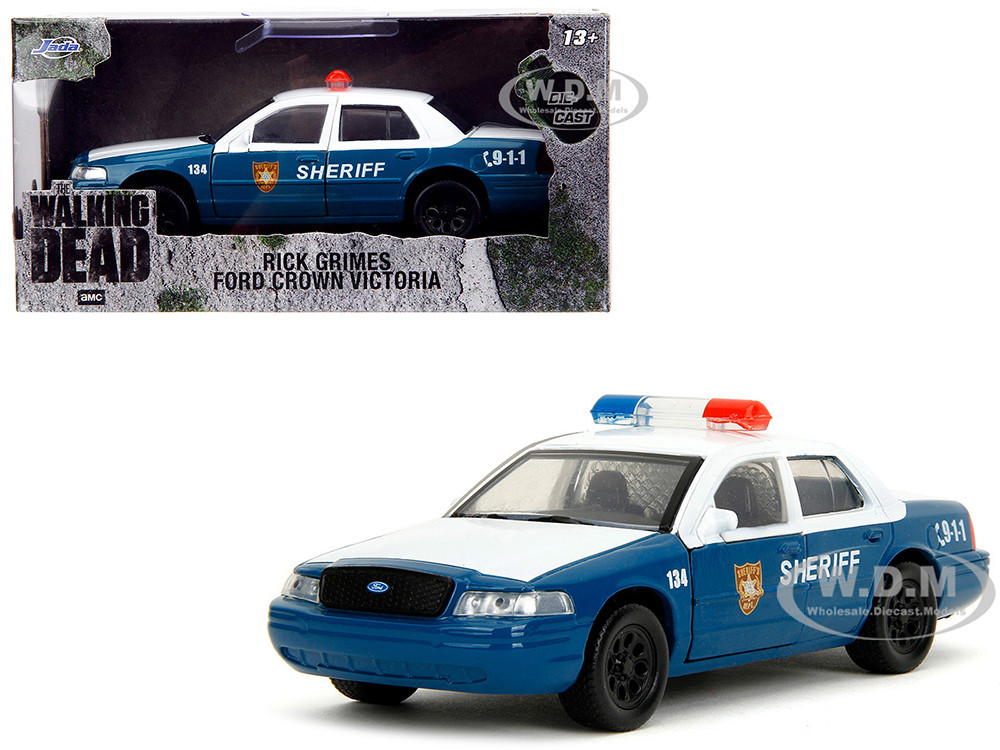 Rick Grimes' Ford Crown Victoria "Sheriff" Blue and White "The Walking Dead" (2010-2022) TV Series "Hollywood Rides" Series 1/32 Diecast Model Car by Jada diecast model