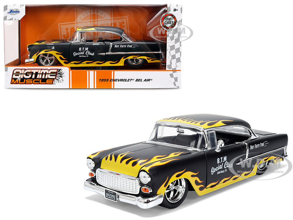 1955 Chevrolet Bel Air "BTM Social Club" Matt Black with Flames "Bigtime Muscle" Series 1/24 Diecast Model Car by Jada diecast model