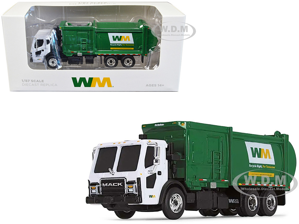 Mack LR Refuse Garbage Truck with McNeilus ZR Side Loader "Waste Management" White and Green 1/87 (HO) Diecast Model by First Gear diecast model