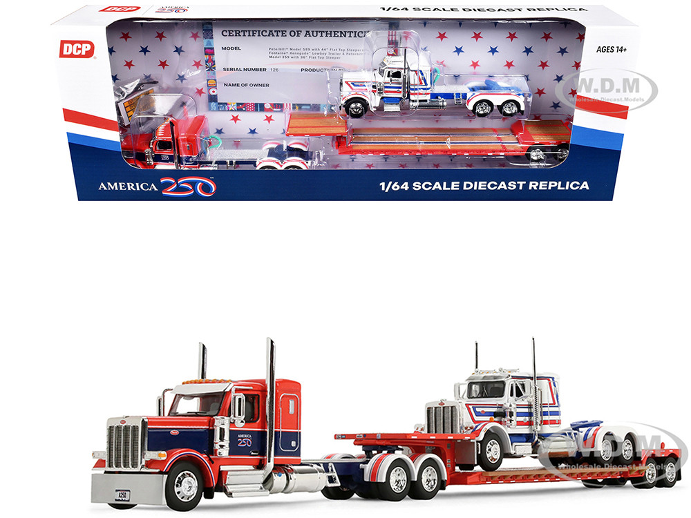 Peterbilt 589 with 44" Flat Top Sleeper Red with Blue Stripes and Fontaine Renegade LXT40 Lowboy Trailer with Peterbilt 359 Load White with Blue and Red Stripes "America 250" 1/64 Diecast Model by DCP/First Gear diecast model