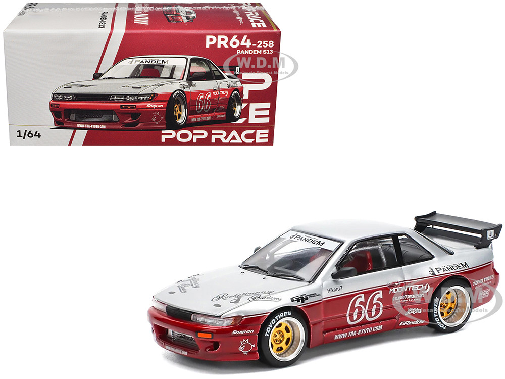 Nissan Pandem S13 RHD (Right Hand Drive) #66 "Moontech" Silver and Red Metallic 1/64 Diecast Model Car by Pop Race diecast model