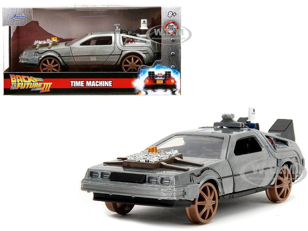 DeLorean DMC (Time Machine) Brushed Metal Train Wheel Version "Back to the Future Part III" (1990) Movie "Hollywood Rides" Series 1/32 Diecast Model Car by Jada diecast model