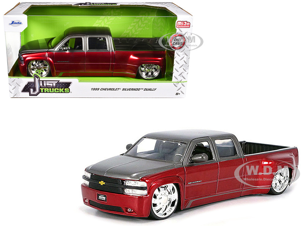 1999 Chevrolet Silverado Dually Pickup Truck Red Metallic and Gray with Custom KMC Wheels "Just Trucks" Series 1/24 Diecast Model Car by Jada diecast model