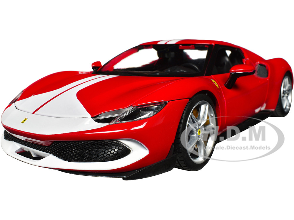 Ferrari 296 GTB Assetto Fiorano Red with White Stripes "Race + Play" Series 1/18 Diecast Model Car by Bburago diecast model