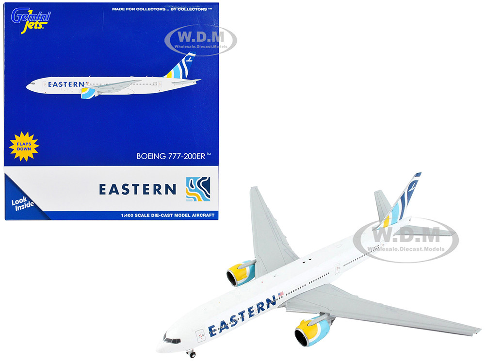 Boeing 777-200ER Commercial Aircraft with Flaps Down "Eastern Air Lines" White with Striped Tail 1/400 Diecast Model Airplane by GeminiJets diecast model