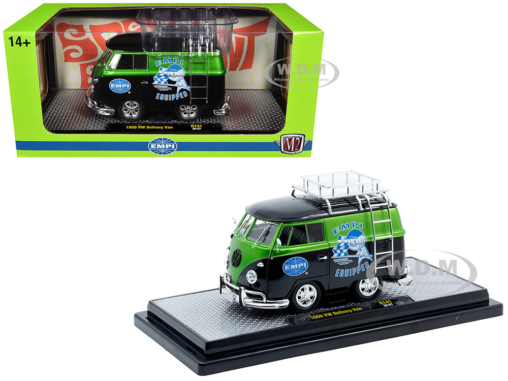 1960 Volkswagen Delivery Van "EMPI Equipped" Black and Green Metallic with Roof Rack and Ladder Limited Edition to 4050 pieces Worldwide 1/24 Diecast Model Car by M2 Machines diecast model
