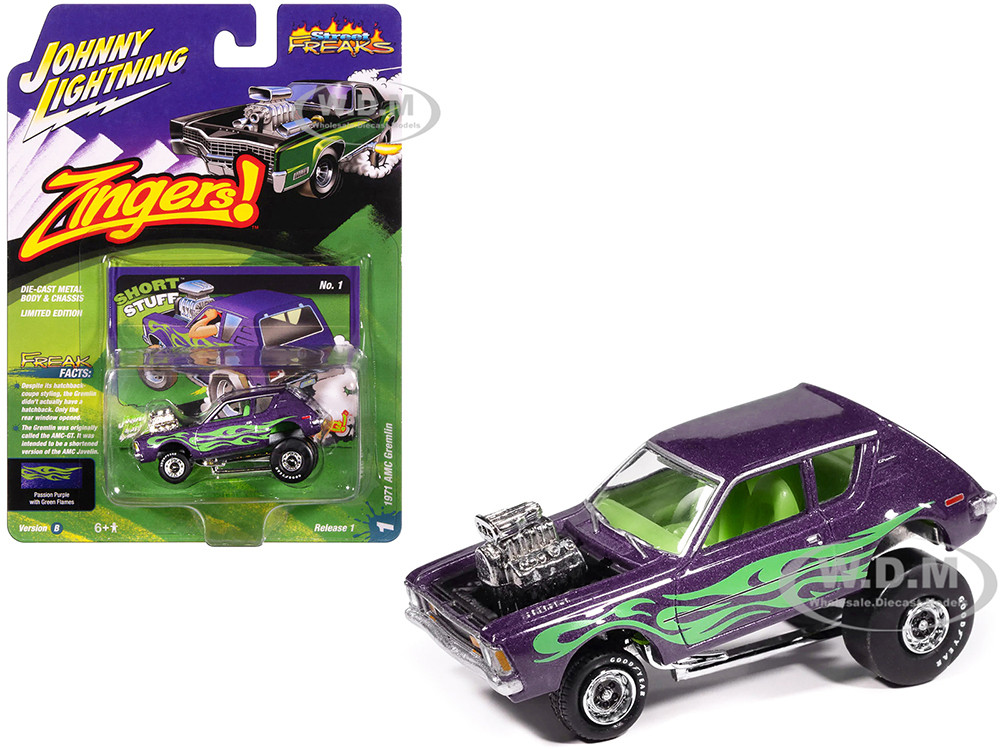 1971 AMC Gremlin Passion Purple Metallic with Green Flames and Interior "Zingers!" Series 1/64 Diecast Model Car by Johnny Lightning diecast model