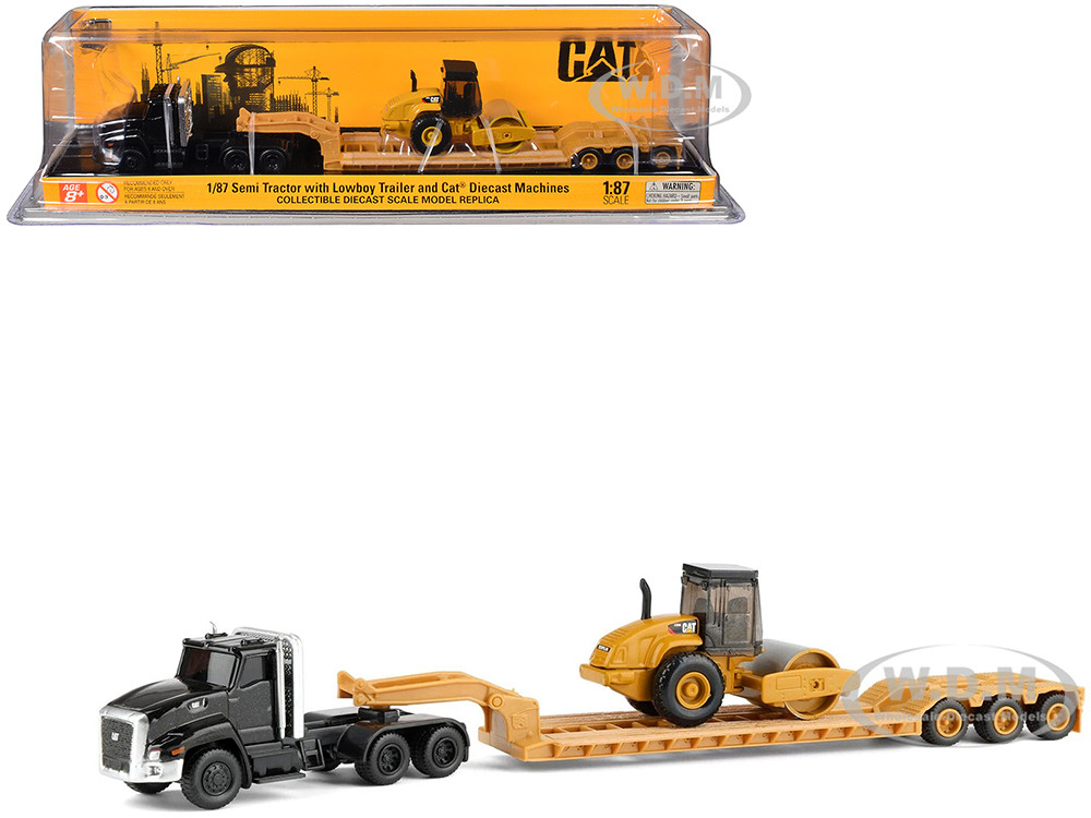 Kenworth T880 Tractor Black with Lowboy Trailer and CAT Roller Yellow 1/87 (HO) Diecast Model by Diecast Masters diecast model