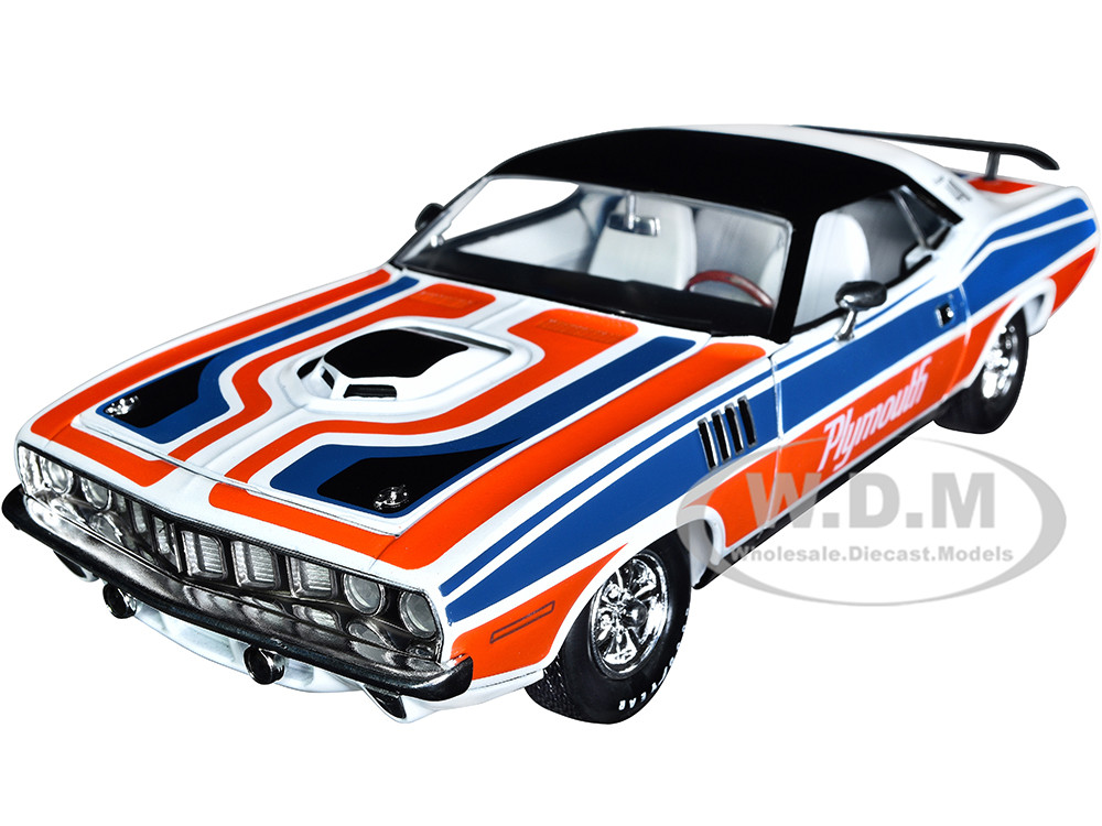 1971 Plymouth Barracuda 440 Pearl White with Blue and Red Stripes and Black Top Limited Edition to 6550 pieces Worldwide 1/24 Diecast Model Car by M2 Machines diecast model