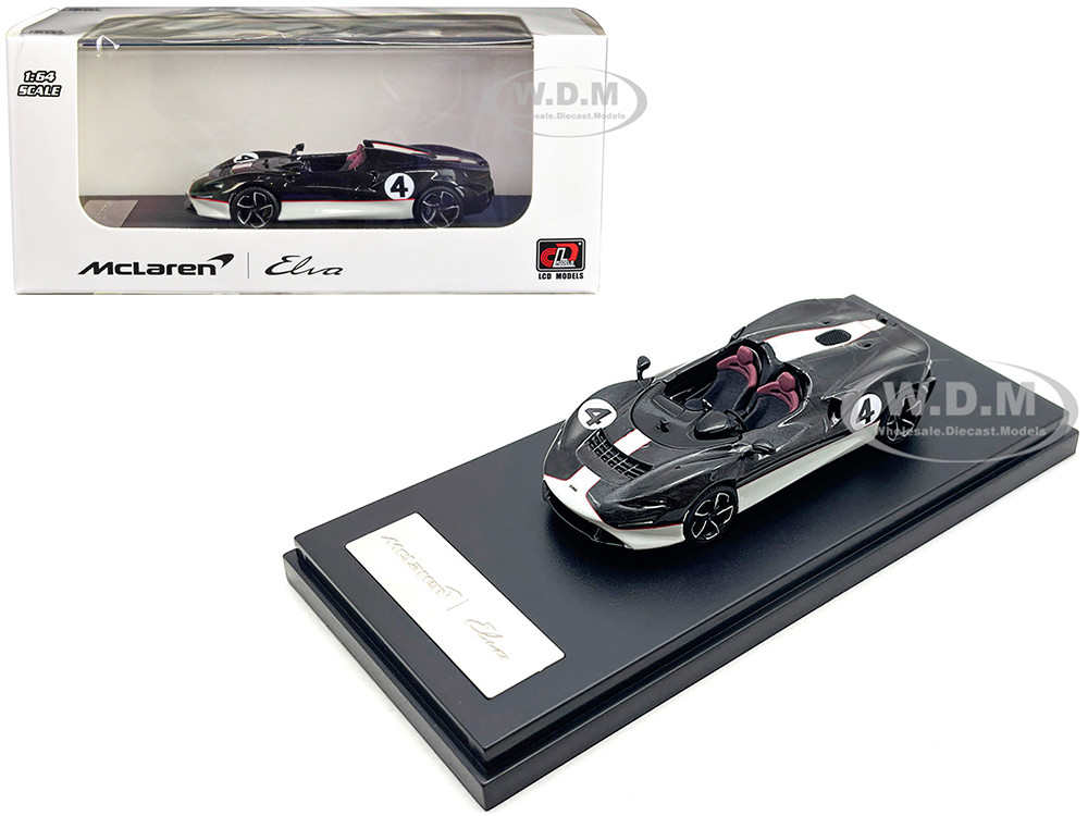 McLaren Elva Convertible #4 Carbon Black with White and Red Stripes 1/64 Diecast Model Car by LCD Models diecast model