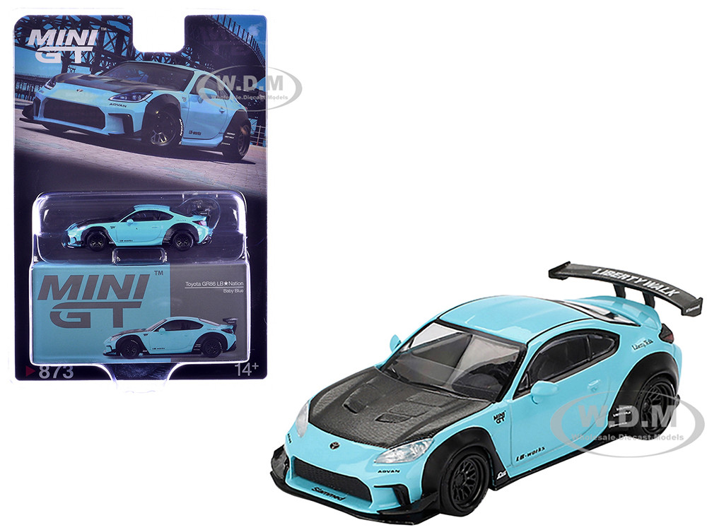 Toyota GR86 "LB-Nation - Liberty Walk" Baby Blue with Carbon Hood Limited Edition 1/64 Diecast Model Car by Mini GT diecast model