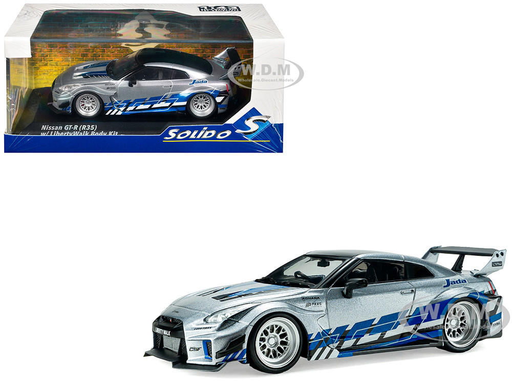 2020 Nissan GT-R (R35) Liberty Walk Silhouette RHD (Right Hand Drive) Silver Metallic with Black Top and Blue Graphics 1/43 Diecast Model Car by Solido diecast model