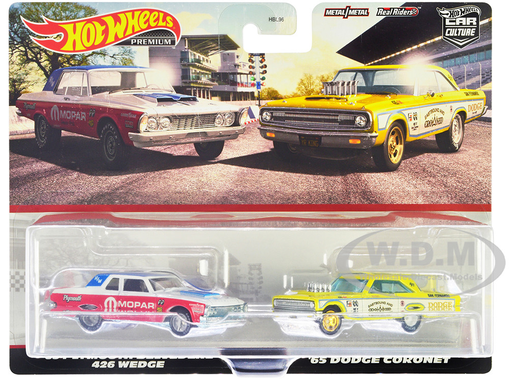 1963 Plymouth Belvedere 426 Wedge "MOPAR" White and Red with Blue Top and 1965 Dodge Coronet "Eastbound and Crowned" Yellow and White "Car Culture" Set of 2 Cars Diecast Model Cars by Hot Wheels diecast model