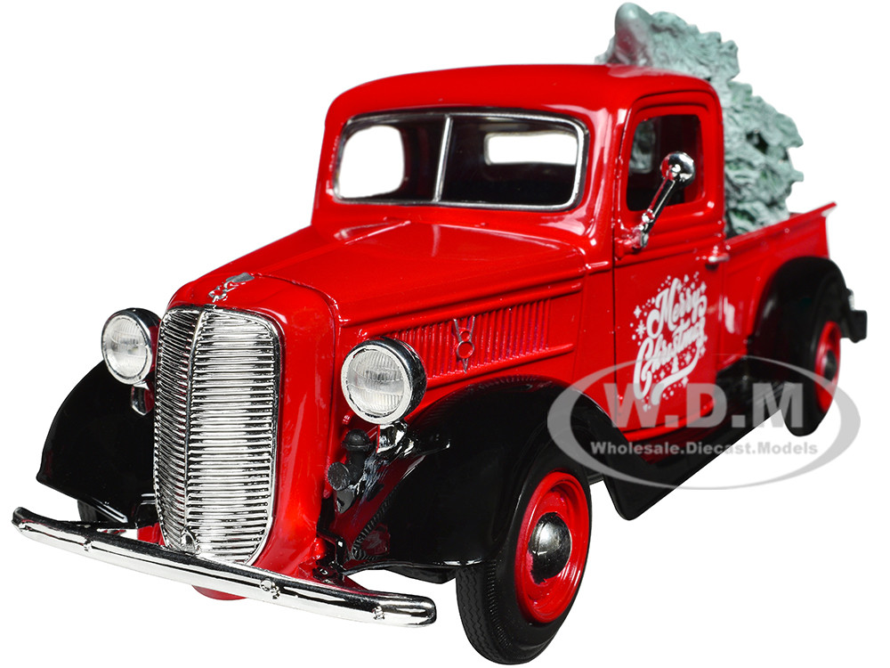 1937 Ford Pickup Truck Red and Black "Merry Christmas" with Tree Accessory 1/24 Diecast Model Car by Motormax diecast model