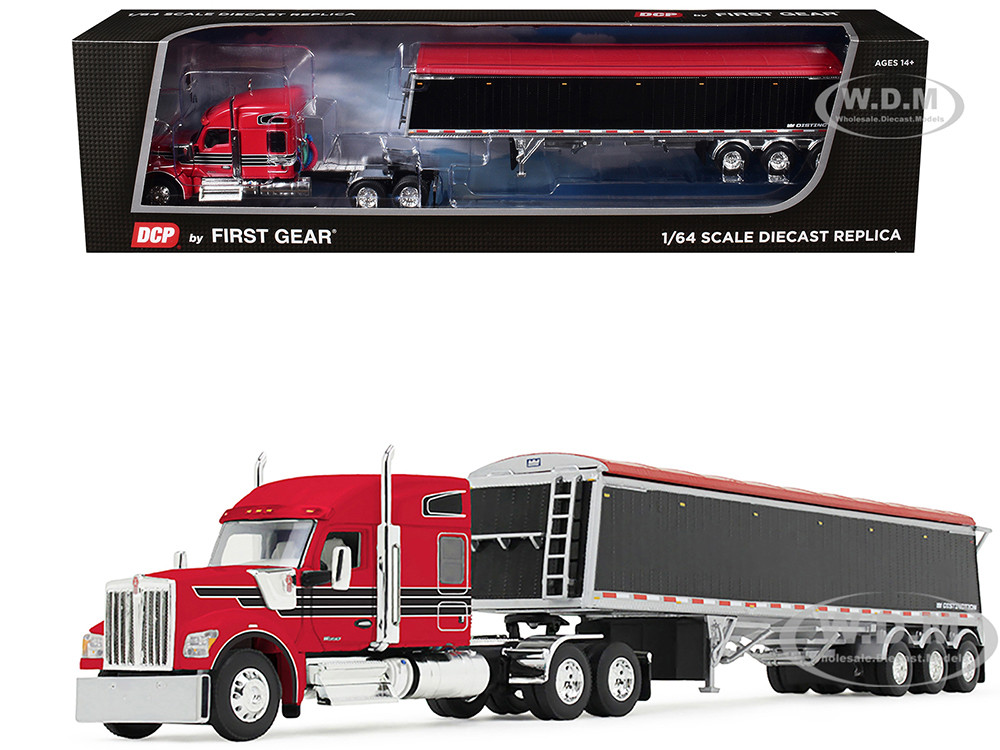 Kenworth W990 with 76" Mid-Roof Sleeper and Lode King Distinction Hopper Trailer Red and Black 1/64 Diecast Model by DCP/First Gear diecast model