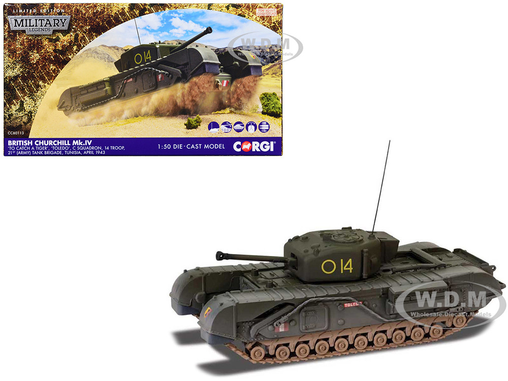 Churchill Mk.IV Tank "'To Catch a Tiger', 'Toledo' C Squadron, 14 Troop, 21st Army Tank Brigade, Tunisia" (1943) British Royal Army "Military Legends" Series 1/50 Diecast Model by Corgi diecast model