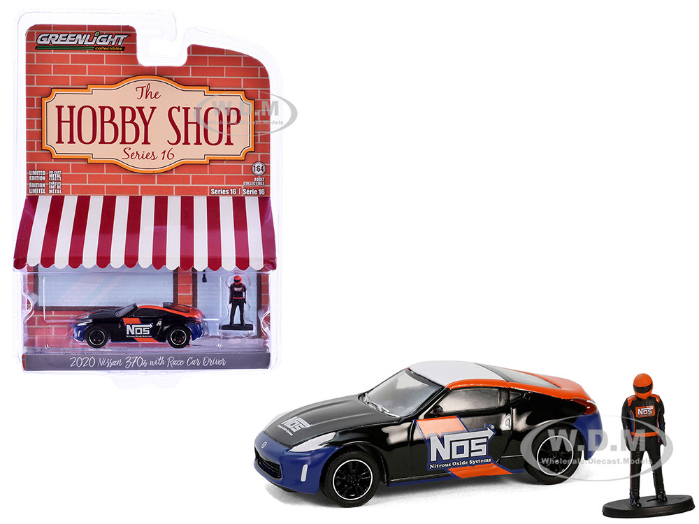 2020 Nissan 370z "NOS Nitrous Oxide Systems" Black with Graphics and Race Car Driver "The Hobby Shop" Series 16 1/64 Diecast Model Car by Greenlight diecast model