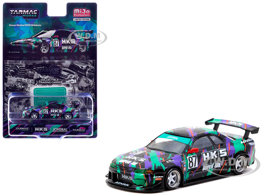 Nissan Skyline (R32) Widebody RHD (Right Hand Drive) #87 "HKS - Designed by Jon Sibal" Black with Graphics with Tarmac Cards "Global64" Series 1/64 Diecast Model by Tarmac Works diecast model