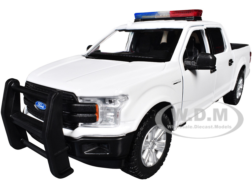 2019 Ford F-150 Lariat Crew Cab Pickup Truck White with Flashing Light Bar and Front and Rear Lights and Sounds 1/27 Diecast Model Car by Motormax diecast model
