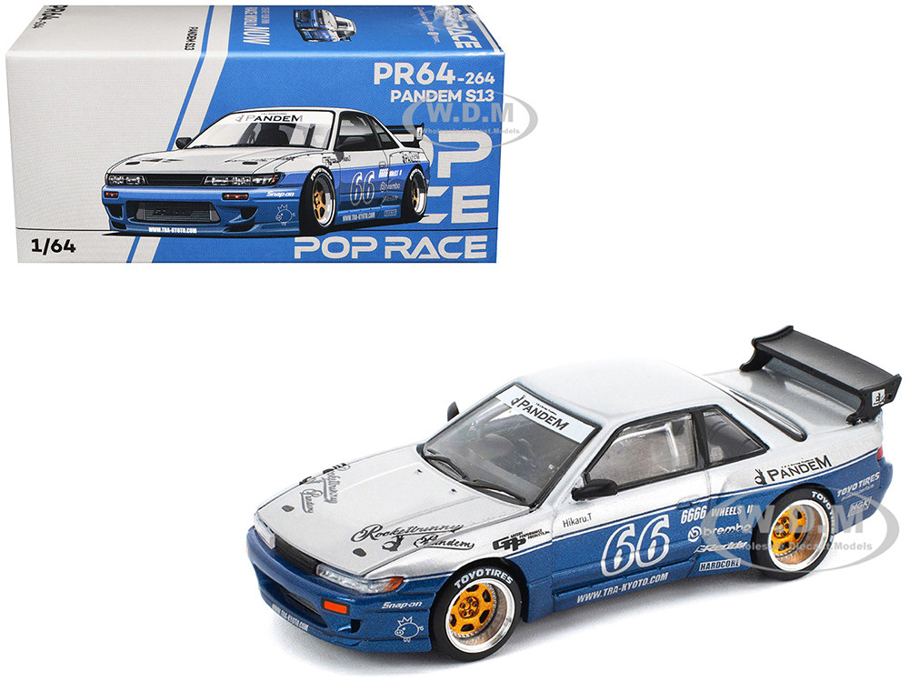 Pandem S13 RHD (Right Hand Drive) Silver and Moontech Blue Metallic with Graphics 1/64 Diecast Model Car by Pop Race diecast model