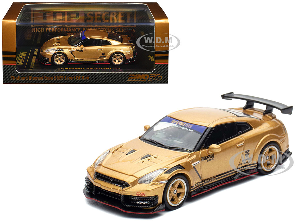 Nissan GT-R (R35) Top Secret Thailand RHD (Right Hand Drive) Gold Metallic "Thailand Diecast Expo 2025 Event Edition" 1/64 Diecast Model Car by Inno Models diecast model