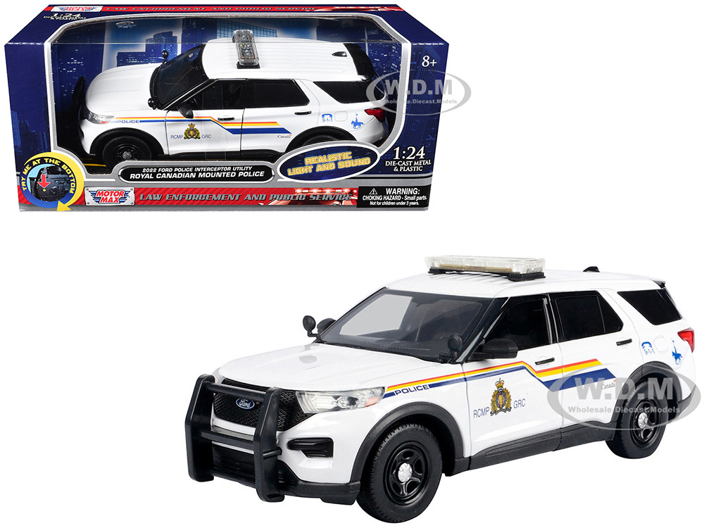 2022 Ford Police Interceptor Utility White "Royal Canadian Mounted Police (RCMP)" with Flashing Light Bar and Front and Rear Lights and Sounds 1/24 Diecast Model Car by Motormax diecast model