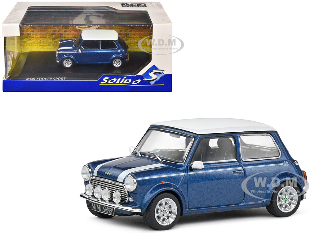 1994 Mini Cooper Sport Tahiti Blue Metallic with White Top and Stripes 1/43 Diecast Model Car by Solido diecast model