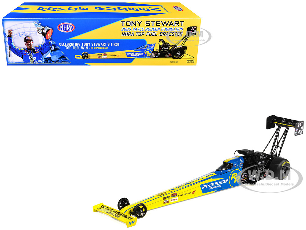 NHRA TFD (Top Fuel Dragster) #14TF Tony Stewart "Rayce Rudeen Foundation" Blue and Yellow (2025) 1/24 Diecast Model by Auto World diecast model