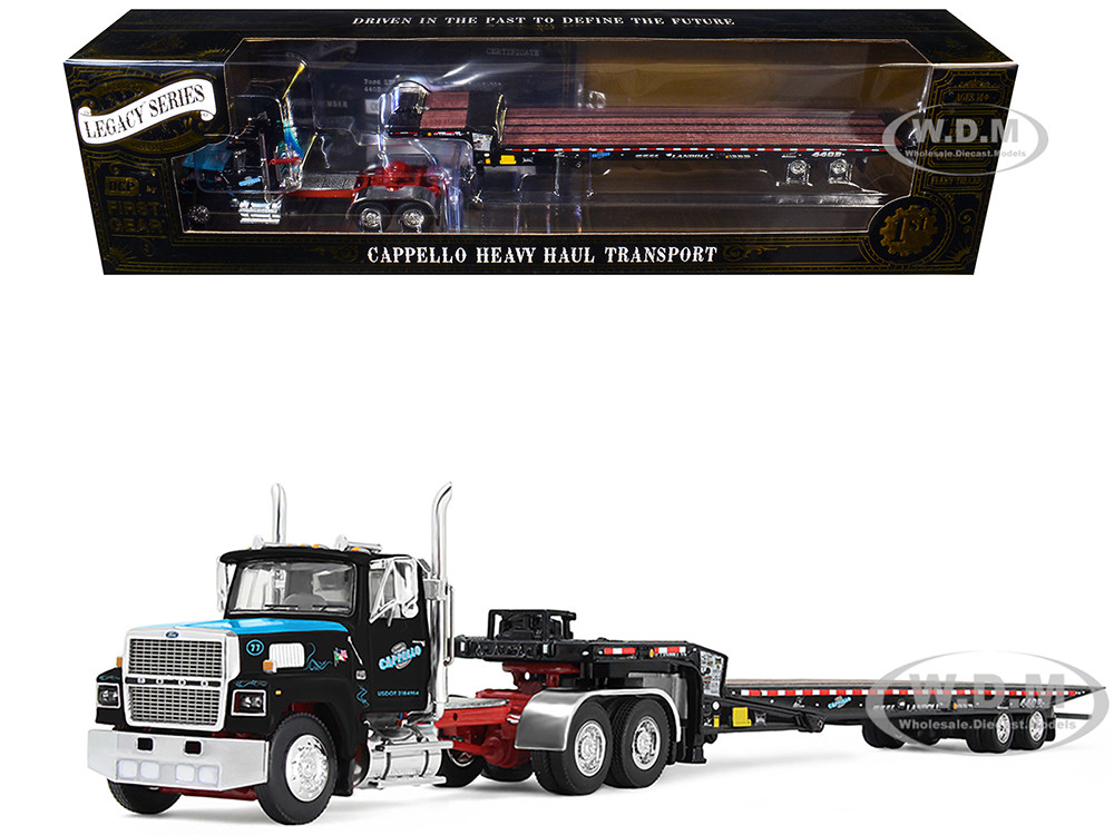 Ford LTL 9000 Day Cab and Landoll 440B-50CA Traveling Axle Trailer "Cappello Heavy Transport" Black with Blue Hood "Legacy" Series #3 1/64 Diecast Model by DCP/First Gear diecast model