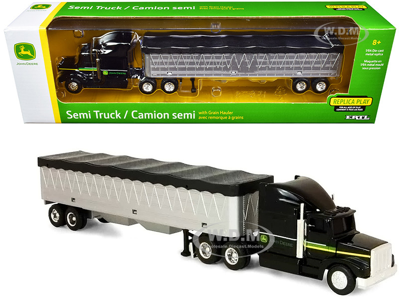 John Deere Semi Truck Tractor with Grain Trailer Black and Silver 1/64 Diecast Model by ERTL TOMY diecast model