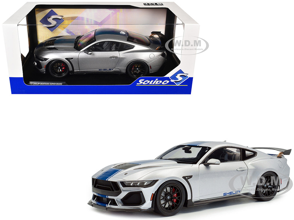 2024 Ford Shelby Mustang Super Snake Gray Metallic with Blue Stripes 1/18 Diecast Model Car by Solido diecast model