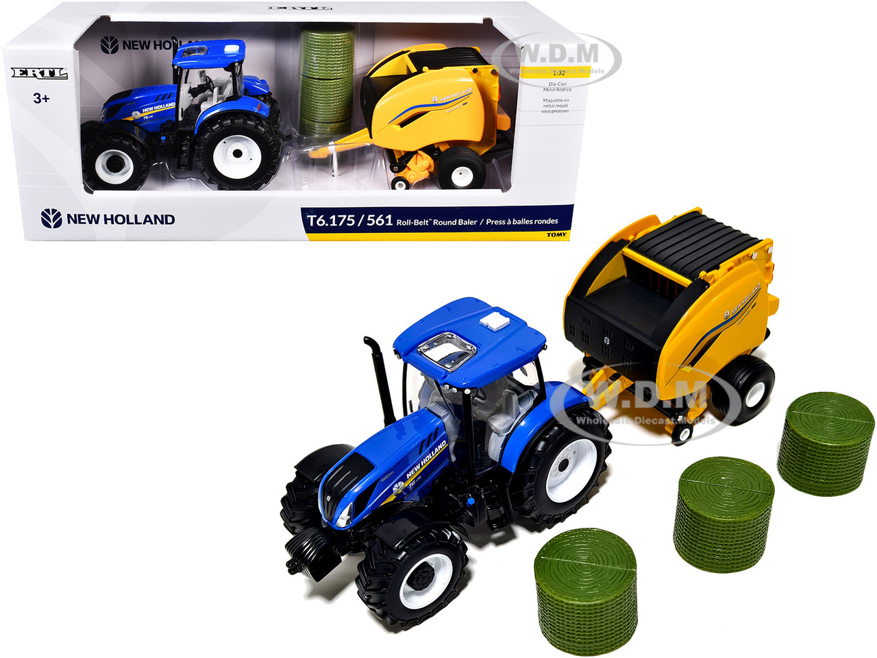 New Holland T6.175 Tractor Blue and Roll-Belt 561 Round Baler Yellow with 3 Bales 1/32 Diecast Model by ERTL TOMY diecast model