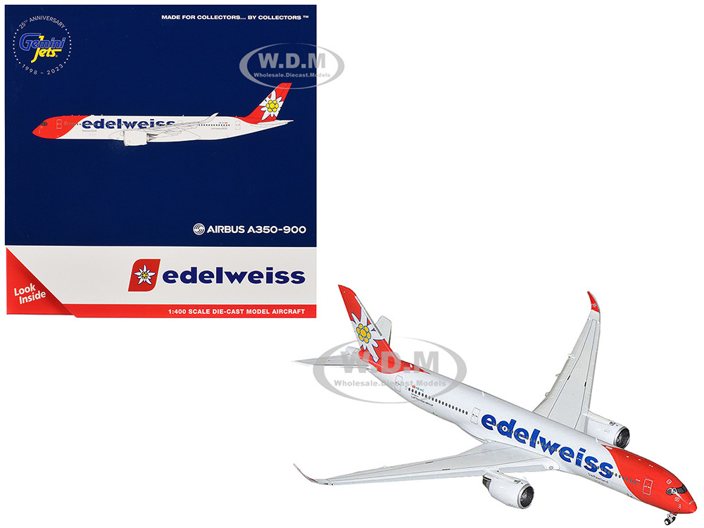 Airbus A350-900 Commercial Aircraft with Flaps Down Configuration "Edelweiss Air" (HB-IHC) White with Red Tail 1/400 Diecast Model Airplane by GeminiJets diecast model
