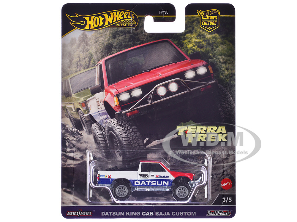 Datsun King Cab Baja Custom Pickup Truck #720 White and Blue with Red Hood "Terra Trek" Series Diecast Model Car by Hot Wheels diecast model