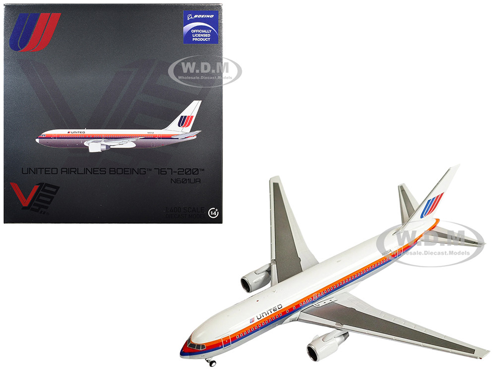 Boeing 767-200 Commercial Aircraft "United Airlines" (N601UA) White with Stripes 1/400 Diecast Model Airplane by V1:400 diecast model