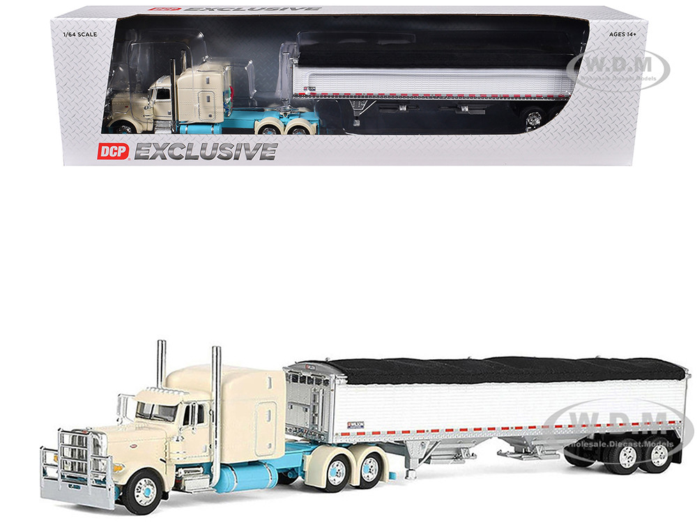 Peterbilt 389 with 63" Mid-Roof Sleeper and 43' Wilson Pacesetter High Sided Grain Trailer "Capitola Trucking" Cream 1/64 Diecast Model by DCP/First Gear diecast model
