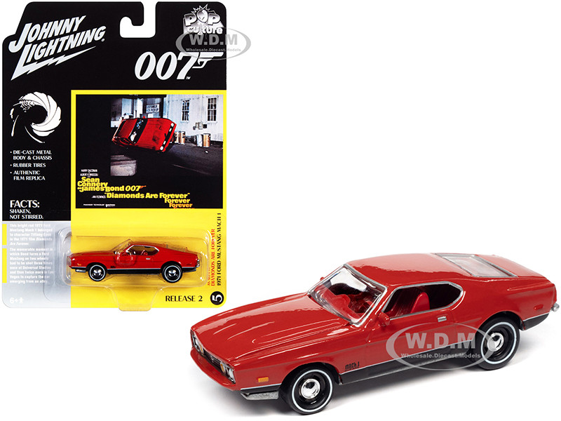 1971 Ford Mustang Mach 1 Bright Red with Black Bottom (James Bond 007) "Diamonds Are Forever" (1971) Movie "Pop Culture" Series 1/64 Diecast Model Car by Johnny Lightning diecast model
