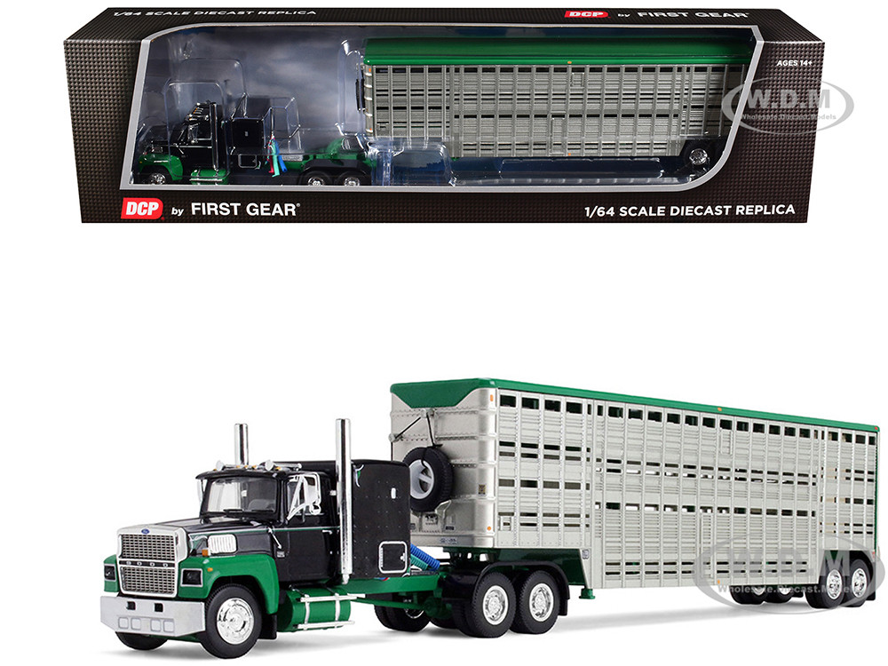 Ford LTL 9000 with 60" Flat Top Sleeper and 45' Wilson Vintage Livestock Trailer Black and Green 1/64 Diecast Model by DCP/First Gear diecast model