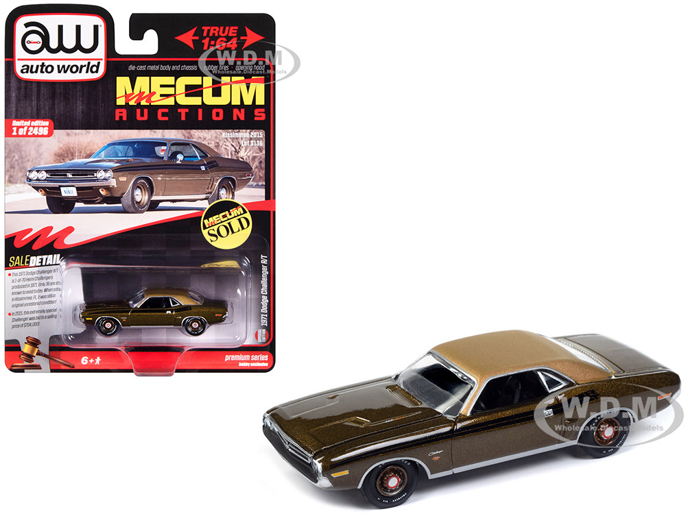 1971 Dodge Challenger R/T Dark Gold Metallic with Gold Vinyl Roof "Mecum Auctions" Limited Edition to 2496 pieces Worldwide "Premium" Series 1/64 Diecast Model Car by Auto World diecast model